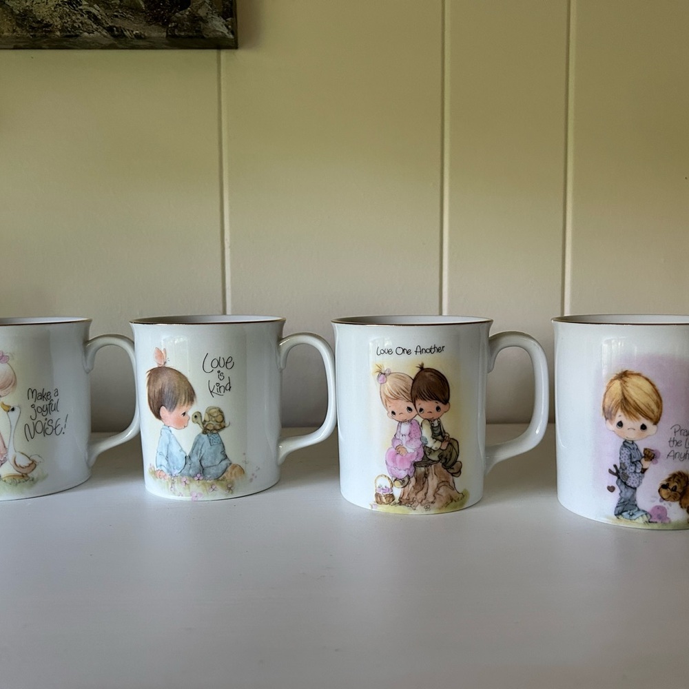 Enesco 1984 Vintage Precious Moments White Ceramic Mugs with Delicate Accents